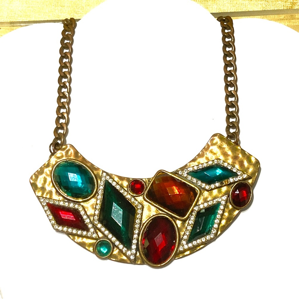Big Gem Antiqued Gold Statement Necklace Red Green Amber Clear Rhinestones 20"